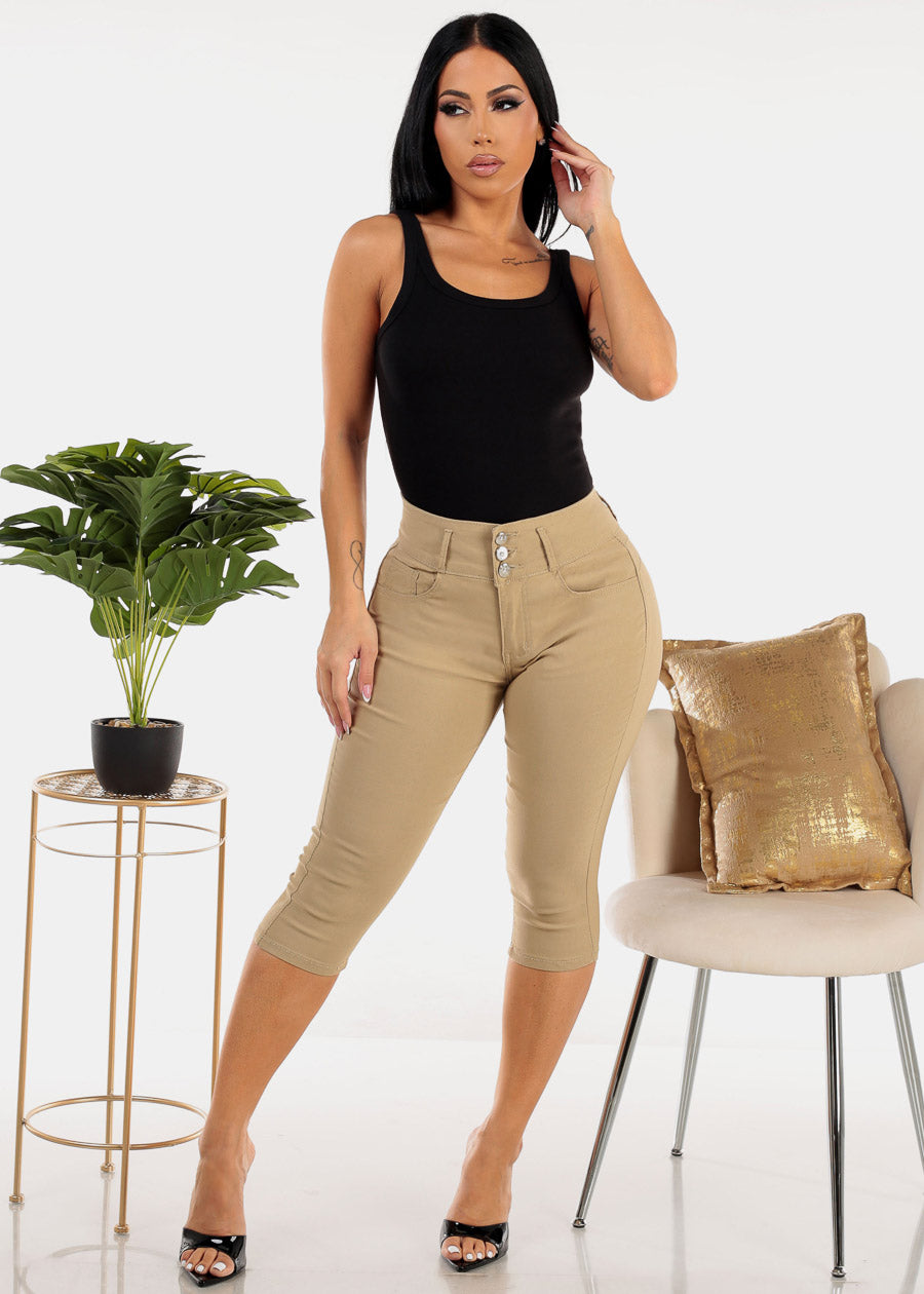 MX JEANS High Waist Hyper Stretchy Butt Lifting Capris Khaki 