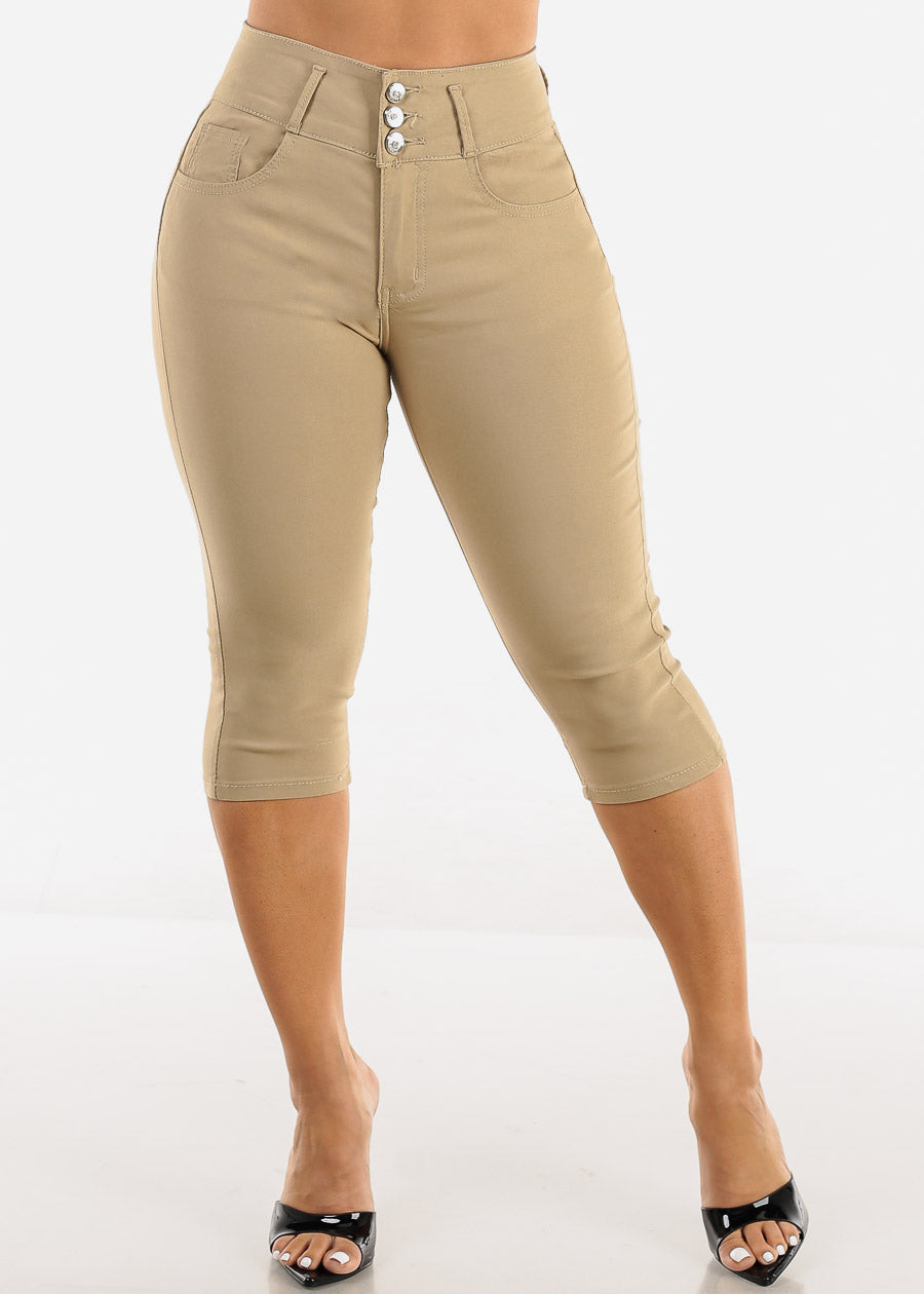 MX JEANS High Waist Hyper Stretchy Butt Lifting Capris Khaki 