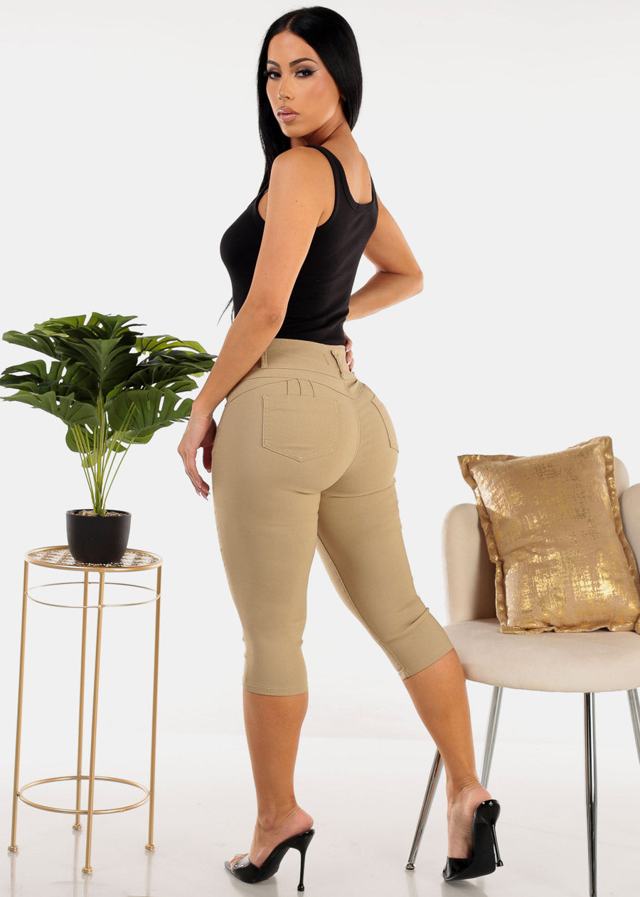 MX JEANS High Waist Hyper Stretchy Butt Lifting Capris Khaki