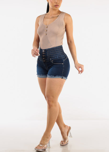 MX JEANS Super High Rise Spandex Waist Butt Lift Dark Denim Shorts