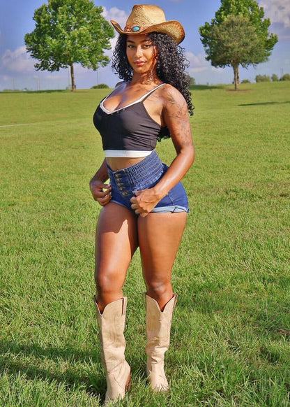 MX JEANS Super High Rise Spandex Waist Butt Lift Dark Denim Shorts