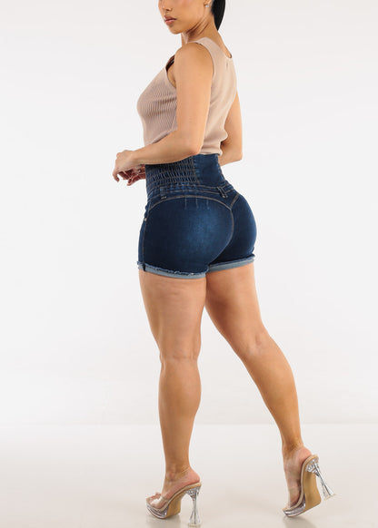 MX JEANS Super High Rise Spandex Waist Butt Lift Dark Denim Shorts