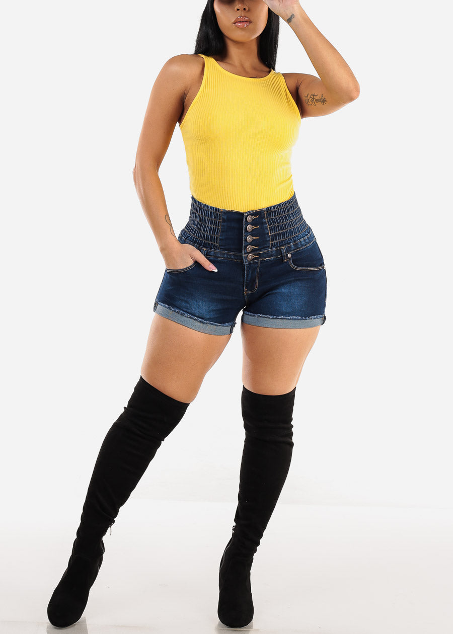 MX JEANS Super High Rise Spandex Waist Butt Lift Dark Denim Shorts