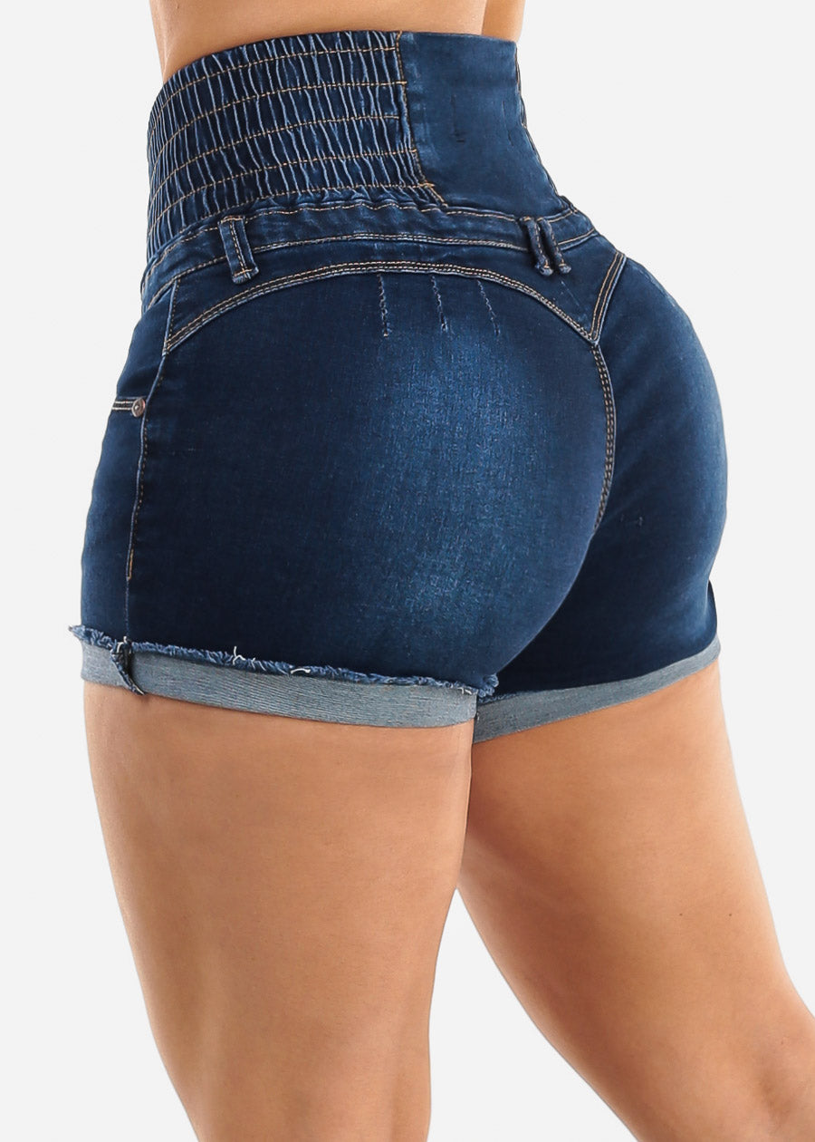 MX JEANS Super High Rise Spandex Waist Butt Lift Dark Denim Shorts, view 1 of 11
