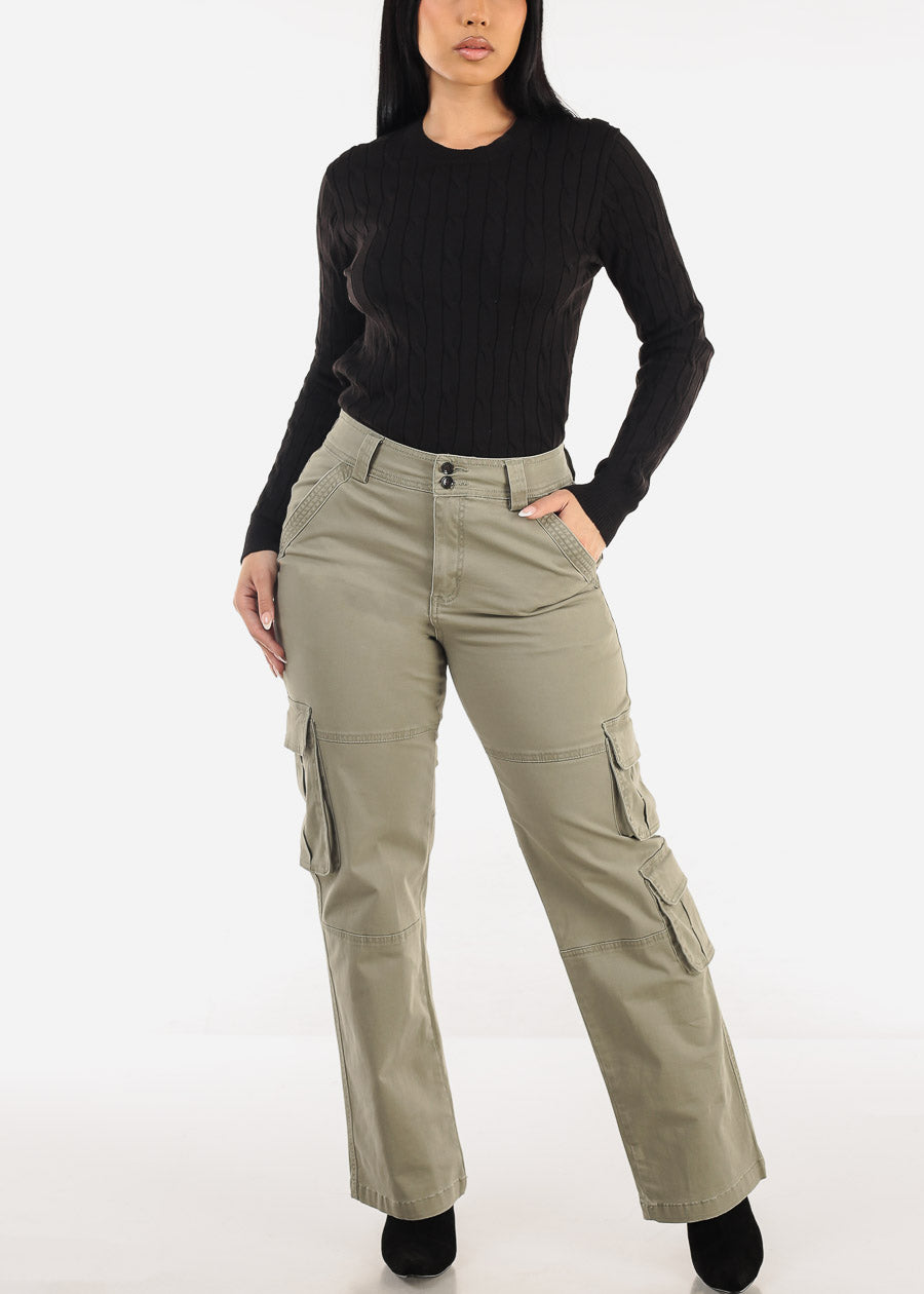 Butt Lift Straight Wide Leg Cargo Jeans Light Olive