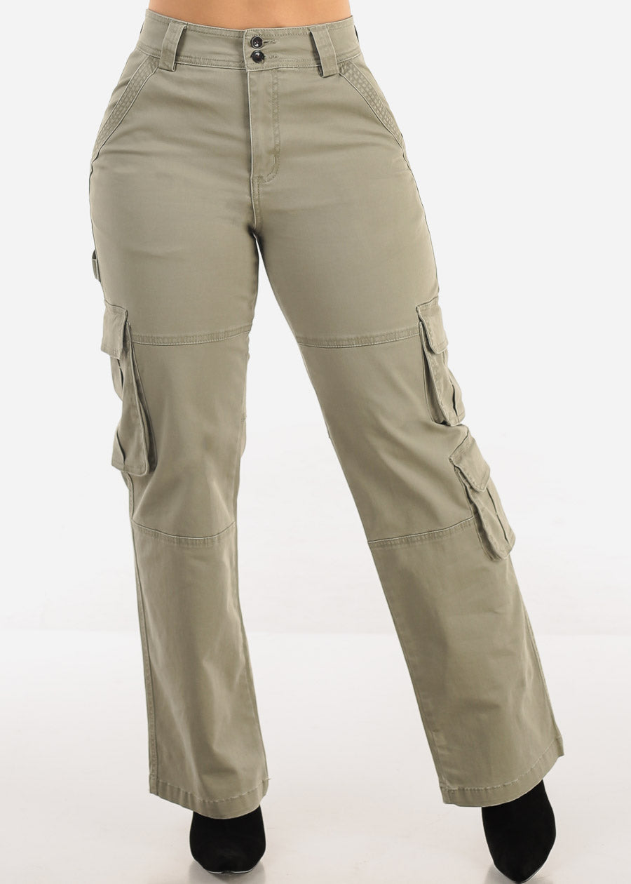 Butt Lift Straight Wide Leg Cargo Jeans Light Olive