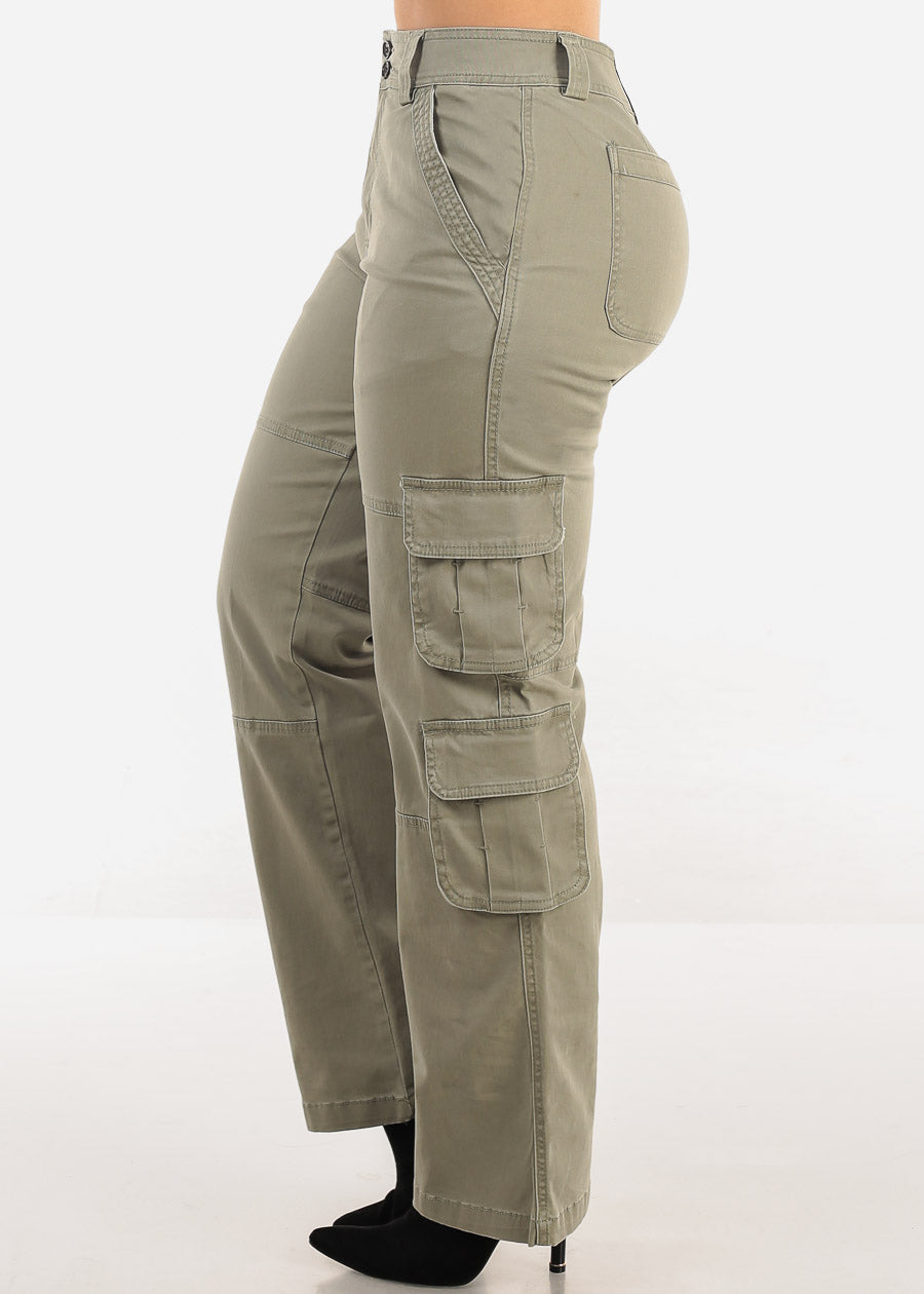 Butt Lift Straight Wide Leg Cargo Jeans Light Olive