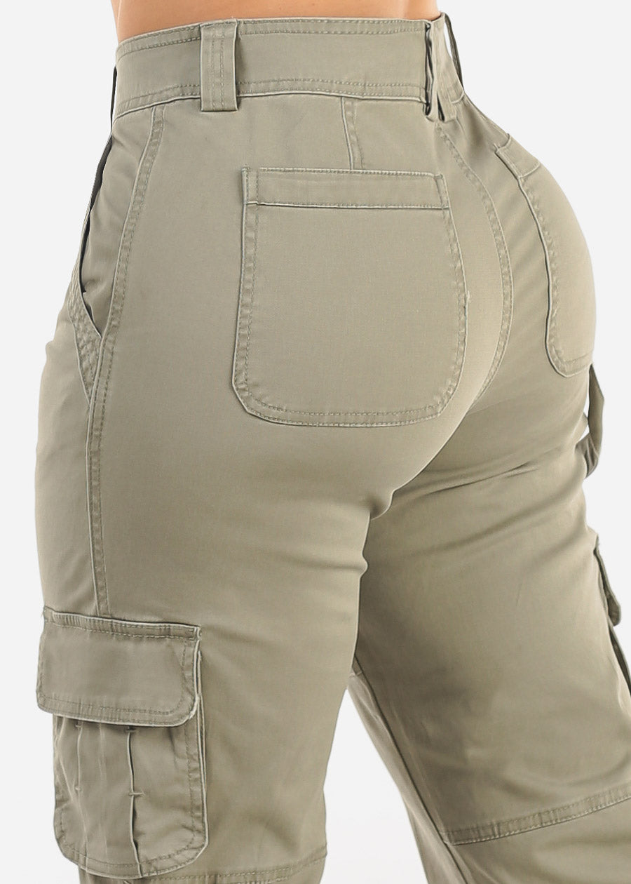 Butt Lift Straight Wide Leg Cargo Jeans Light Olive