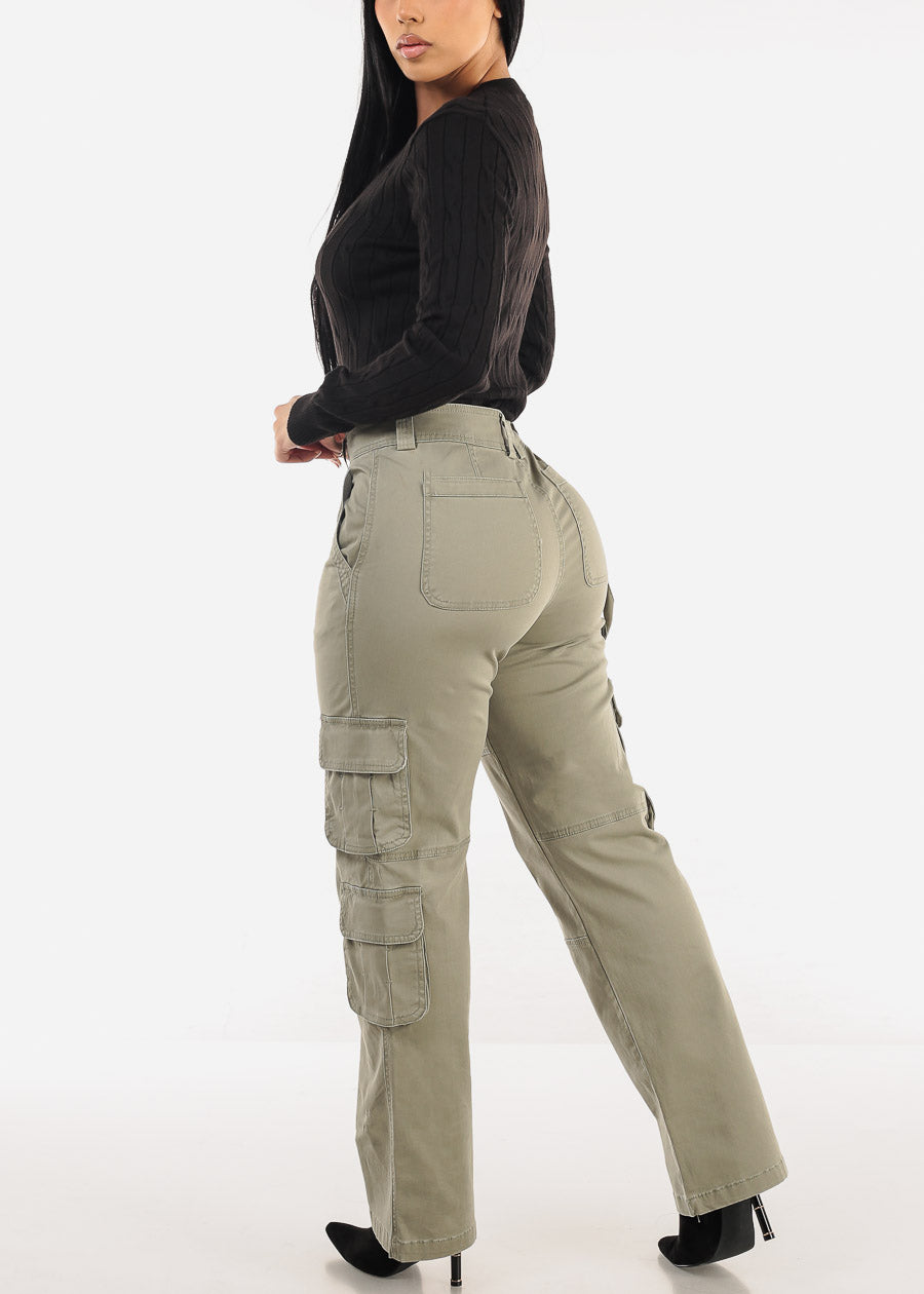 Butt Lift Straight Wide Leg Cargo Jeans Light Olive