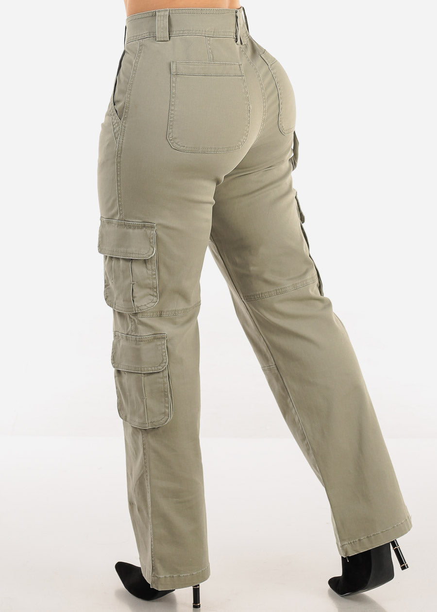 Butt Lift Straight Wide Leg Cargo Jeans Light Olive