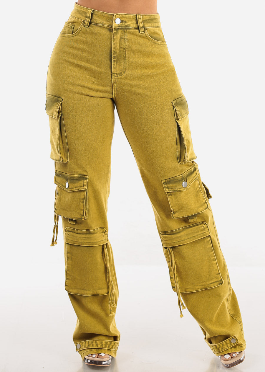 High Waisted Cargo Denim Jeans Mustard Olive