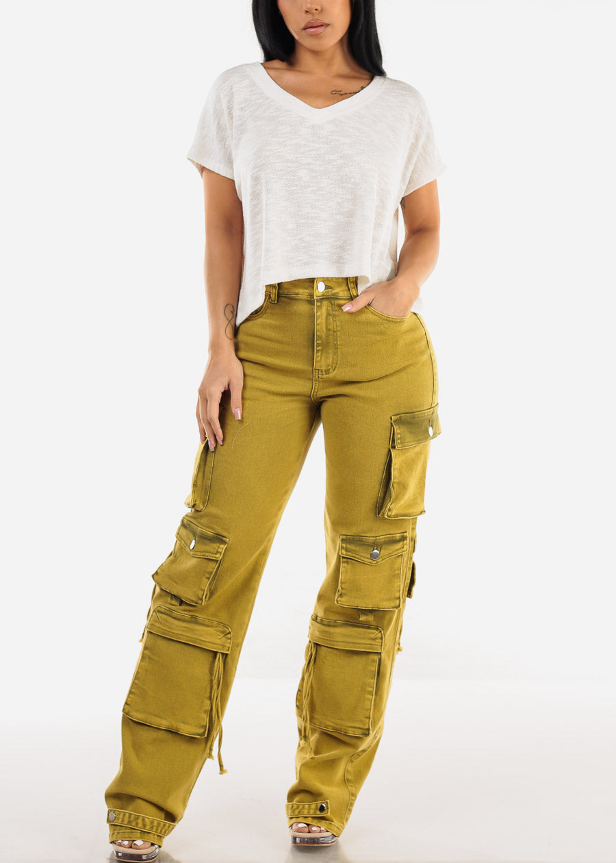 High Waisted Cargo Denim Jeans Mustard Olive