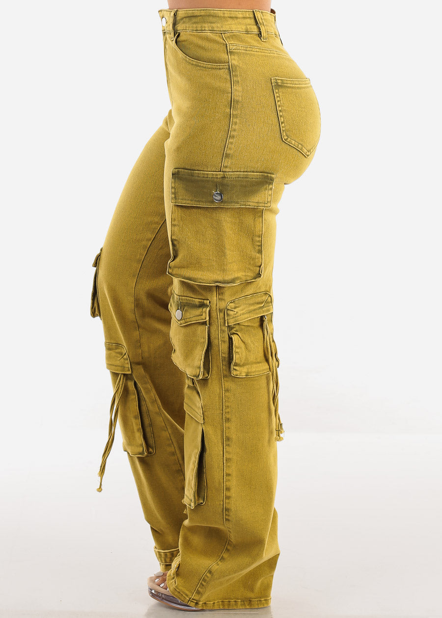 High Waisted Cargo Denim Jeans Mustard Olive