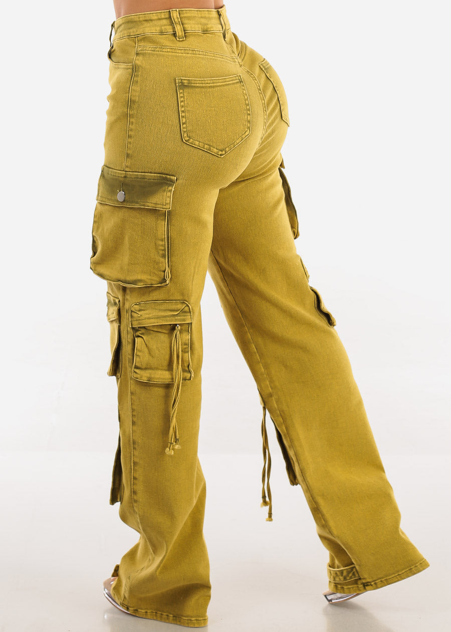 High Waisted Cargo Denim Jeans Mustard Olive