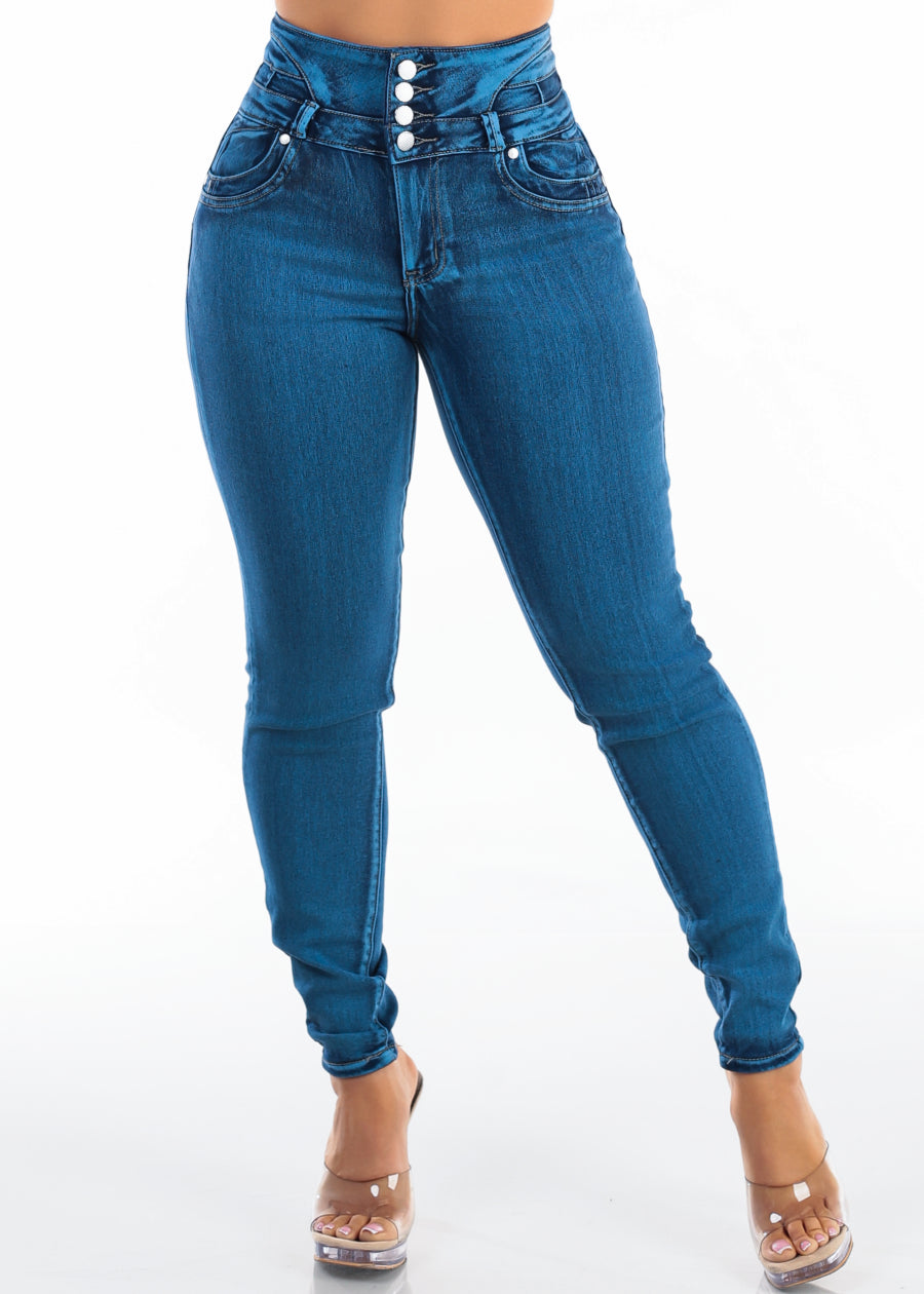 MX JEANS Butt Lift Super High Waist Stretch Skinny Jeans Sand Wash w Back Pocket Design