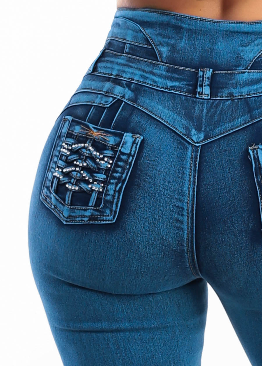 MX JEANS Butt Lift Super High Waist Stretch Skinny Jeans Sand Wash w Back Pocket Design