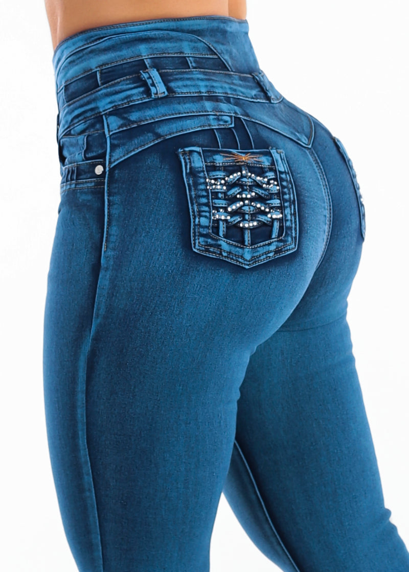 MX JEANS Butt Lift Super High Waist Stretch Skinny Jeans Sand Wash w Back Pocket Design