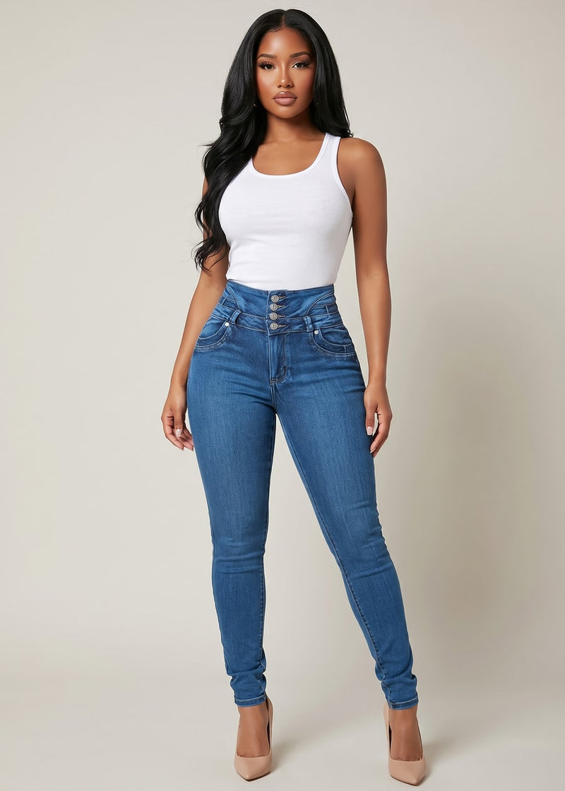 MX JEANS Butt Lift Super High Waist Stretch Skinny Jeans Sand Wash w Back Pocket Design