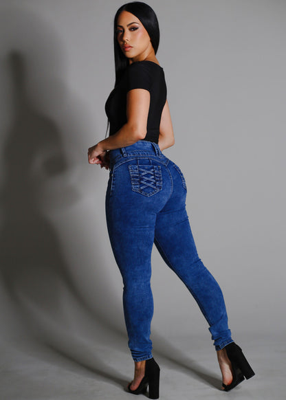 Levantacola High Waist Skinny Jeans Acid Wash w Braided Pockets