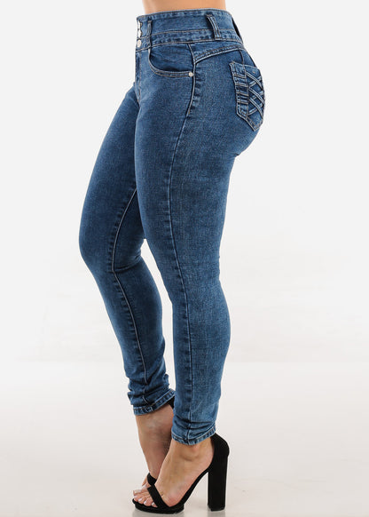 Levantacola High Waist Skinny Jeans Acid Wash w Braided Pockets