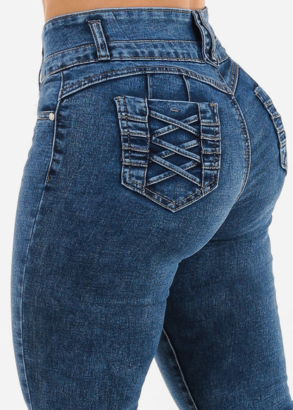 Levantacola High Waist Skinny Jeans Acid Wash w Braided Pockets