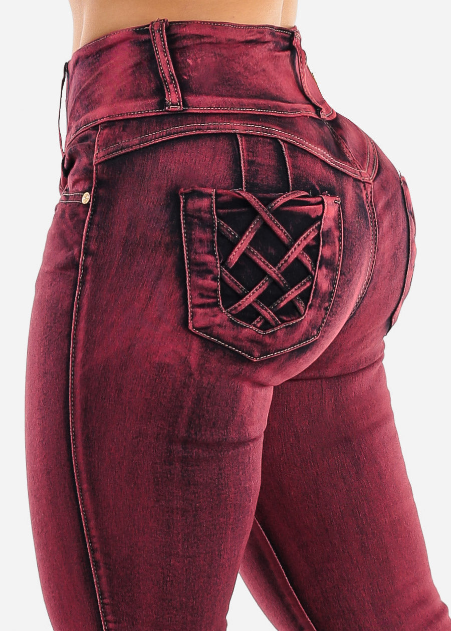 Butt Lift High Waist Skinny Jeans Red Acid Wash