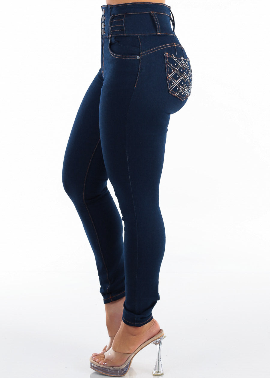 Levantacola Super High Rise Stretch Skinny Jeans Dark Wash, view 4 of 7
