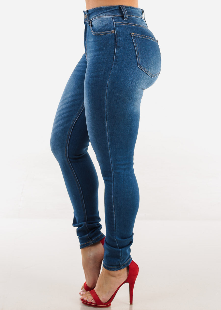 Stretchy Classic High Waisted Skinny Jeans Med Blue