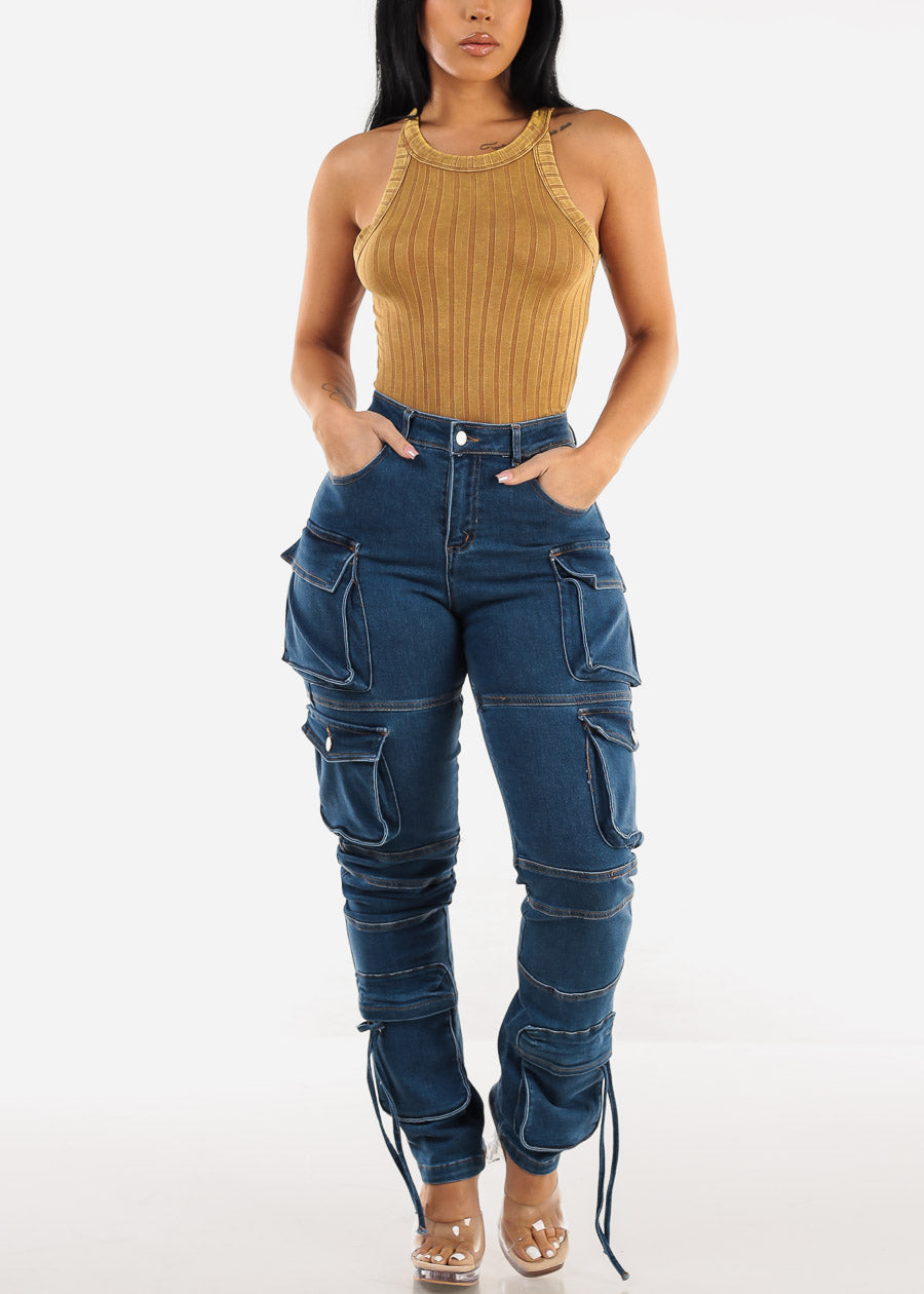 Super High Waist Med Wash Cargo Jeans