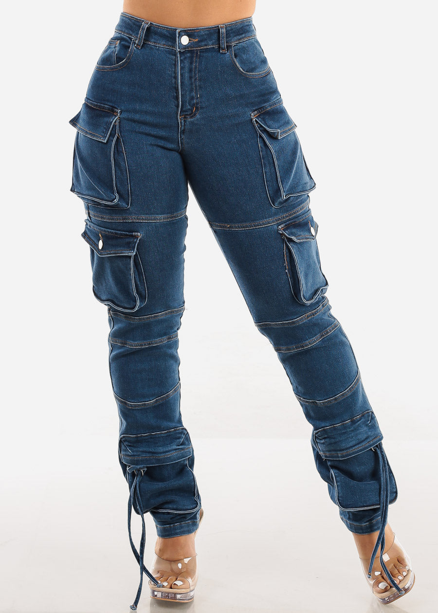 Super High Waist Med Wash Cargo Jeans