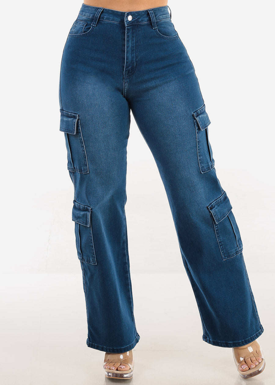 Butt Lift High Waist Straight Wide Leg Stretch Cargo Jeans Indigo