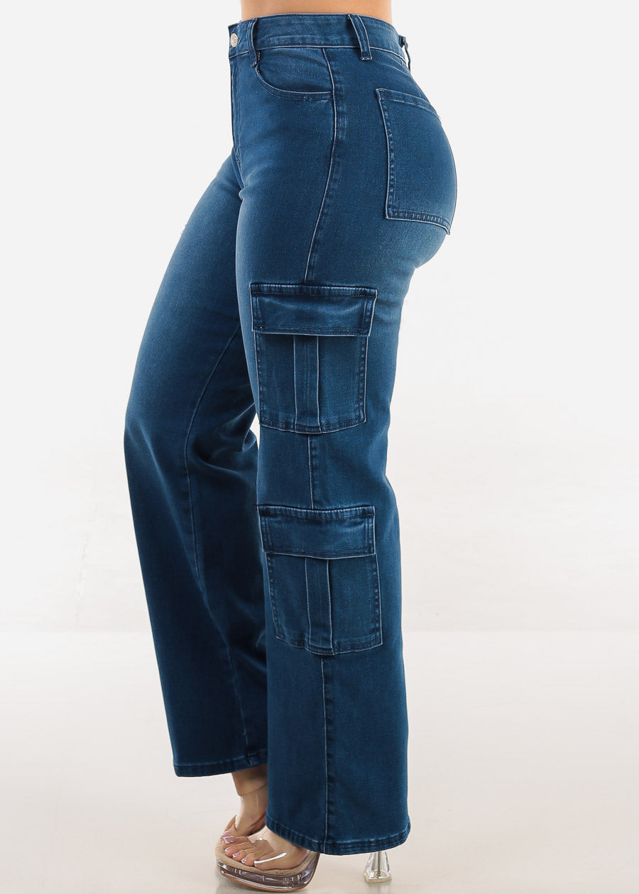 Butt Lift High Waist Straight Wide Leg Stretch Cargo Jeans Indigo