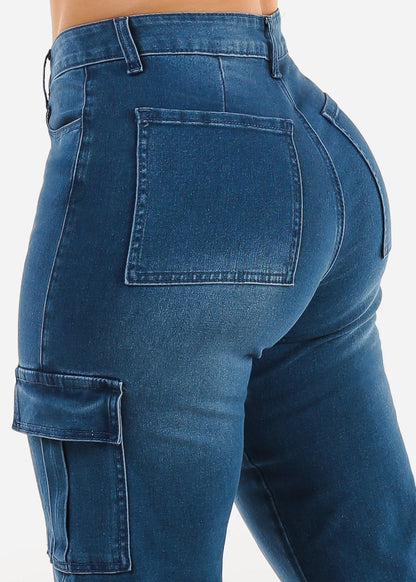 Butt Lift High Waist Straight Wide Leg Stretch Cargo Jeans Indigo