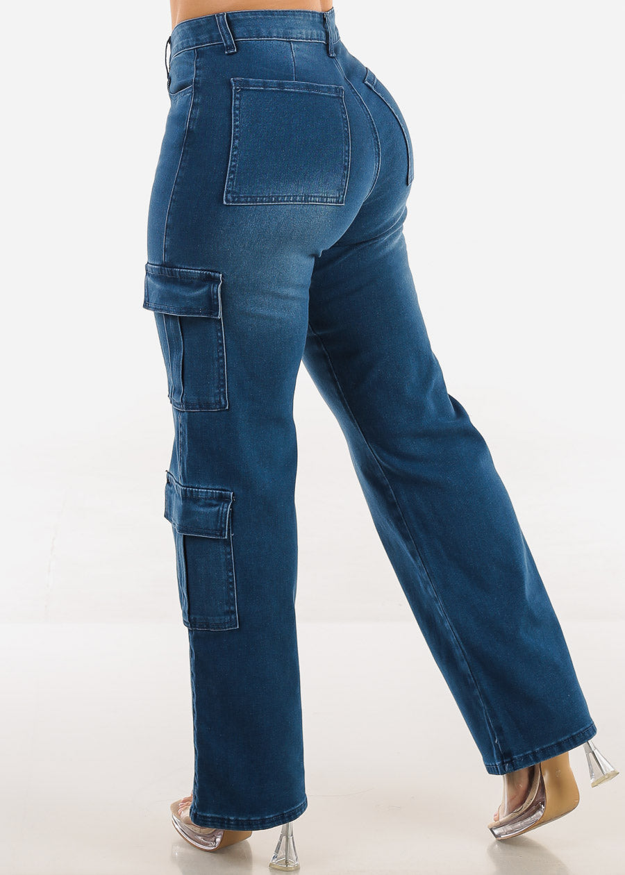 Butt Lift High Waist Straight Wide Leg Stretch Cargo Jeans Indigo