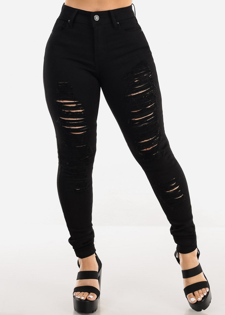 Black High Waist Distressed Stretchy Skinny Jeans