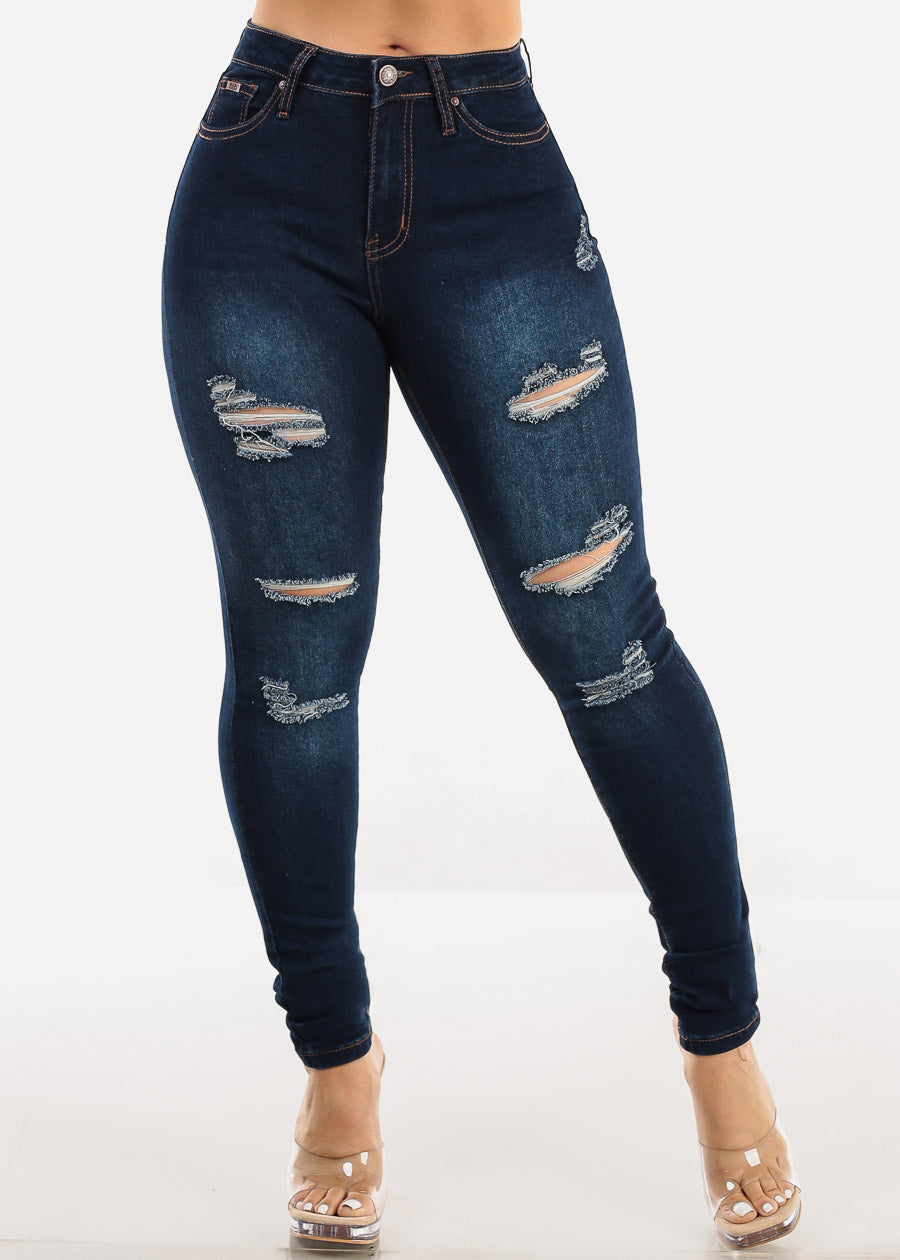 Mid Rise Distressed Stretchy Skinny Jeans Dark Blue