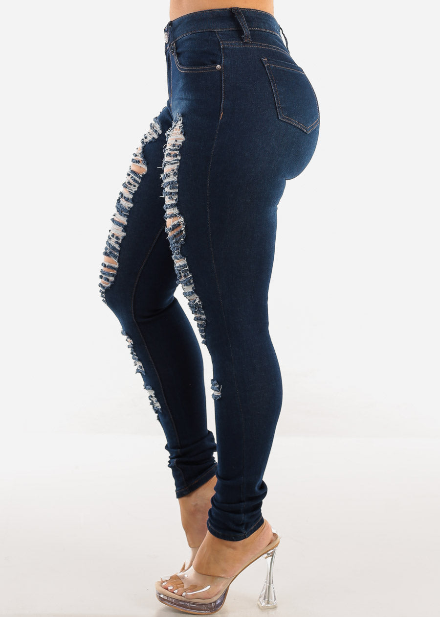 Distressed Mid Rise Stretchy Skinny Jeans Dark Blue