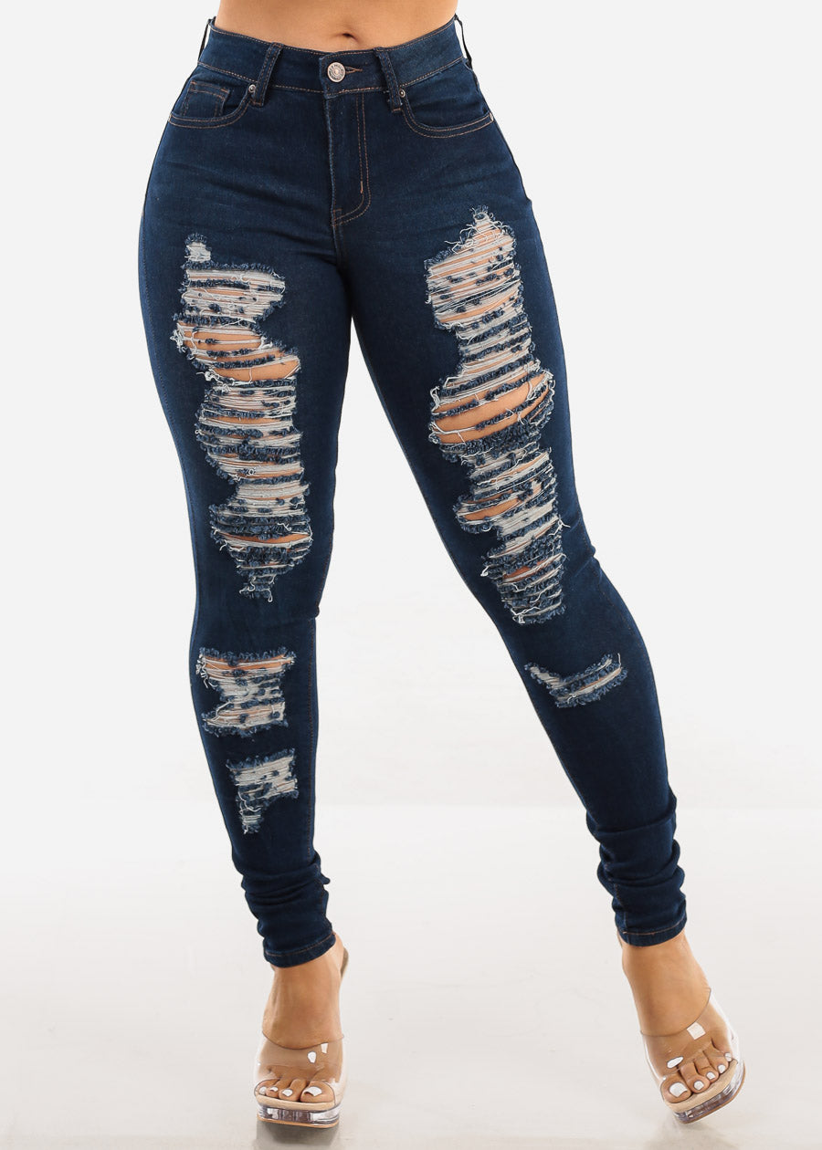 Distressed Mid Rise Stretchy Skinny Jeans Dark Blue