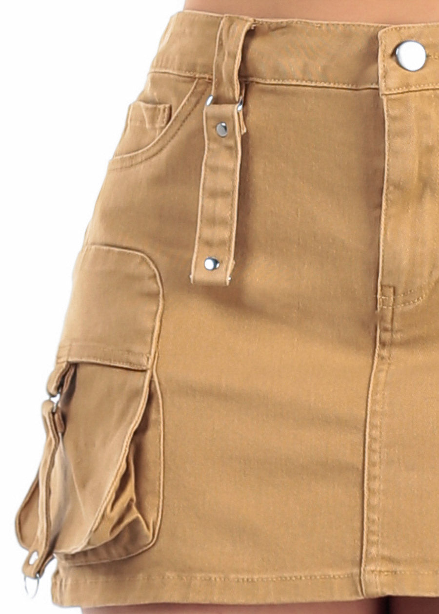 High Waist Cargo Utility Denim Mini Skirt Khaki