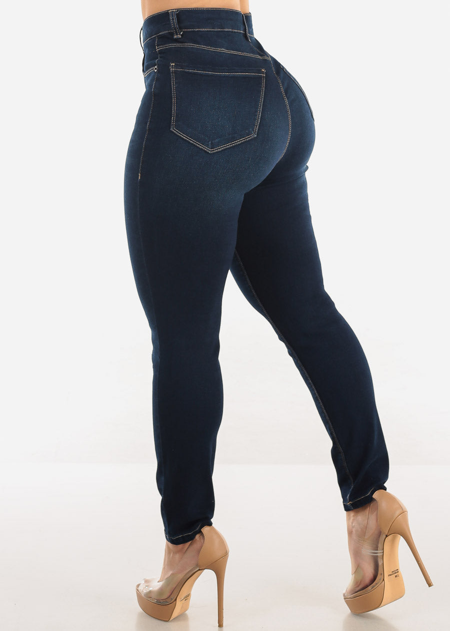 Super High Waist 1 Button Skinny Jeans Dark Wash