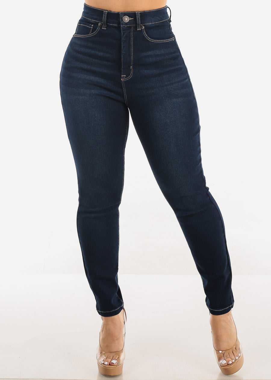 Super High Waist 1 Button Skinny Jeans Dark Wash