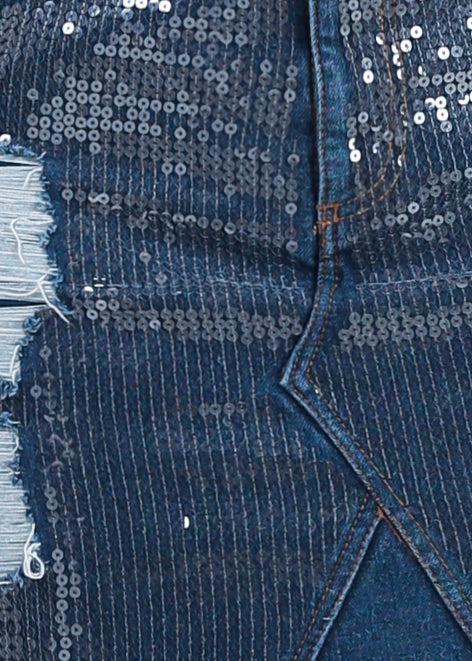 High Waist Sequin Detail Distressed Denim Mini Skirt Dark Blue