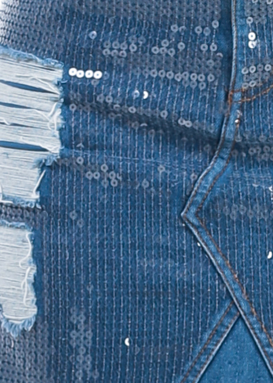 High Waist Sequin Detail Distressed Denim Mini Skirt Med Blue