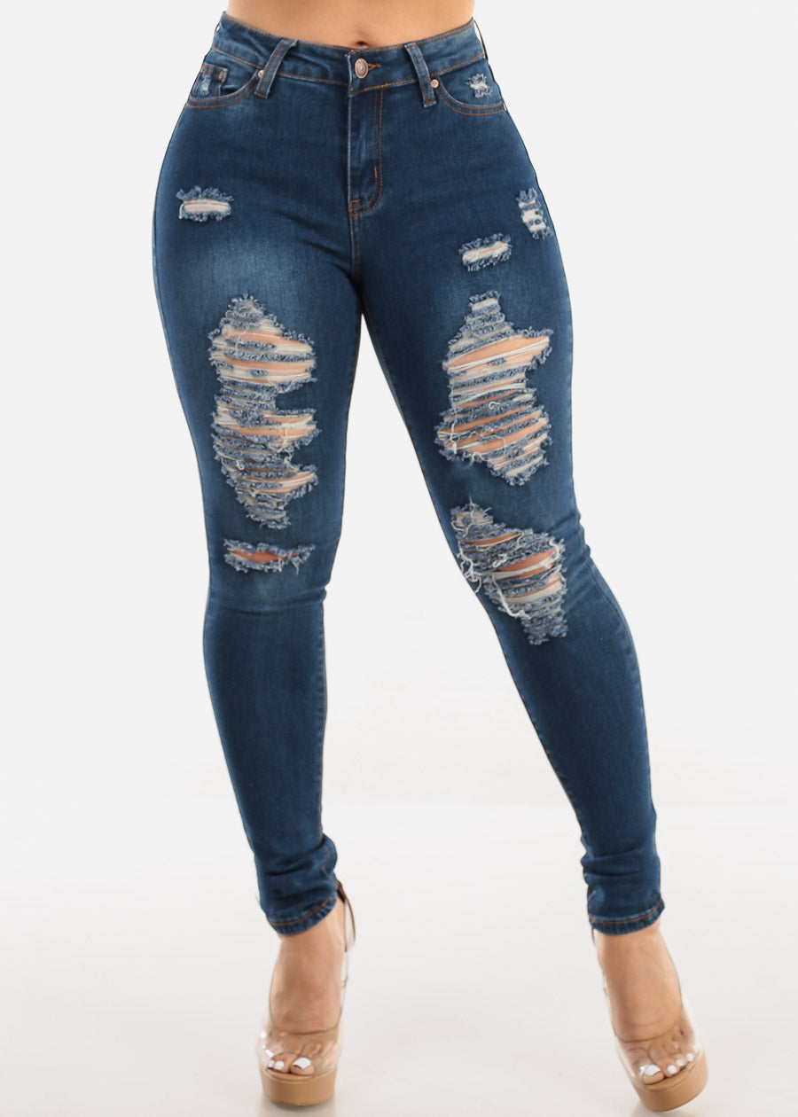 Distressed Mid Rise Stretchy Skinny Jeans Med Wash