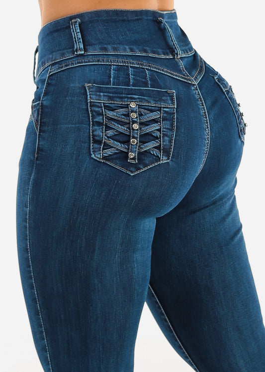 High Waist Butt Lift Skinny Jeans w Back Pocket Design