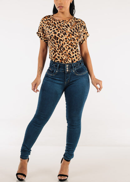 Butt Lift High Waist Skinny Jeans Blue w Lace Up Design