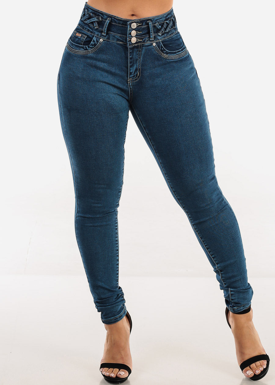 Butt Lift High Waist Skinny Jeans Blue w Lace Up Design