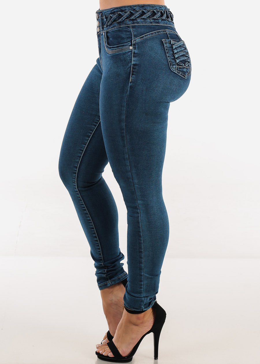 Butt Lift High Waist Skinny Jeans Blue w Lace Up Design