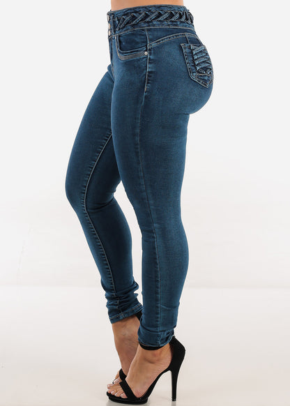 Butt Lift High Waist Skinny Jeans Blue w Lace Up Design