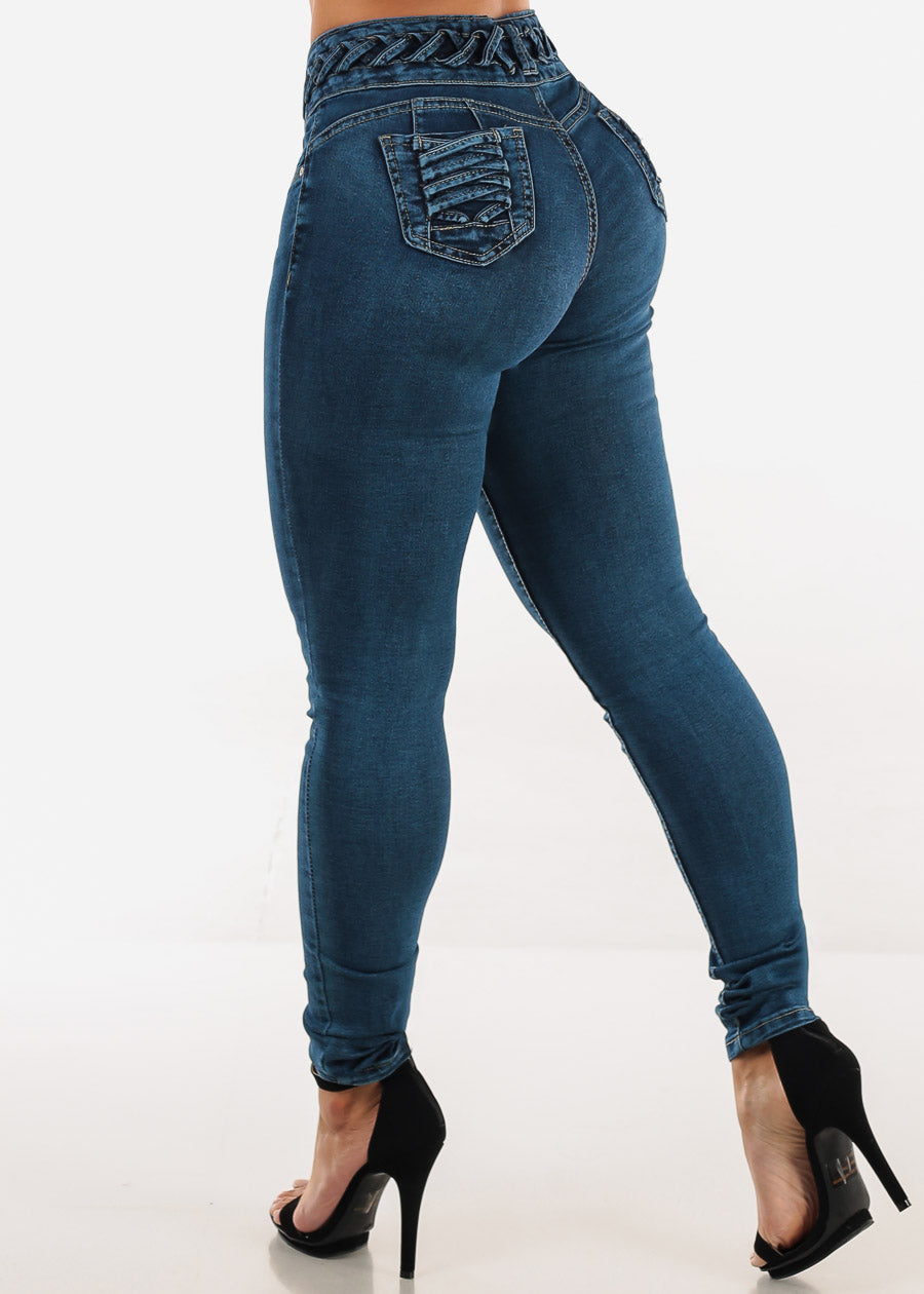 Butt Lift High Waist Skinny Jeans Blue w Lace Up Design